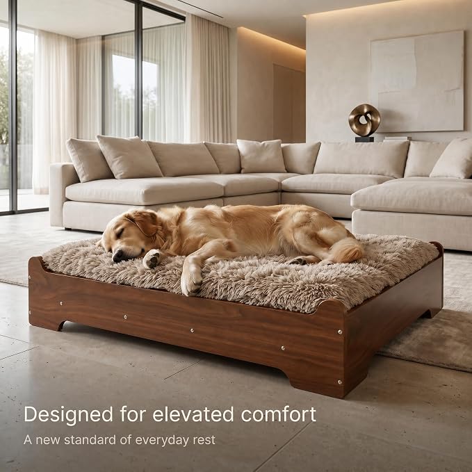 Elevated Wooden Dog Bed with Foam Mattress, Walnut, Large | Raised Dog Bed with Washable Cover and Supportive Foam Mattress, Crafted for Large Dogs and Modern Homes