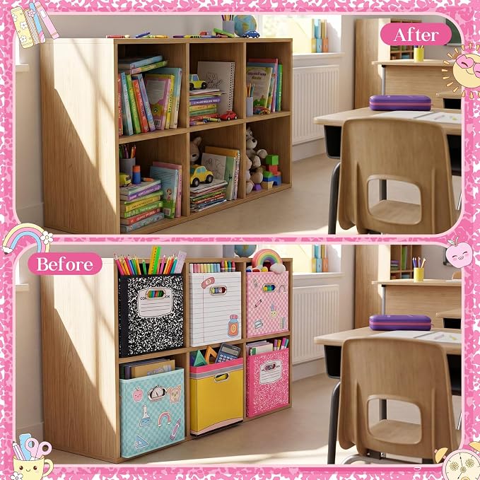 Gerrii 6 Pack 11 Inch Cube Storage Bins for Classroom Foldable Fabric Storage Cube Bins Pencil Composition Notebook Organizing Baskets with Grommet Handles for Back to School Organizer Shelves Decor