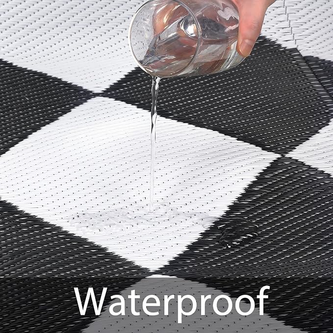 GarveeLife 8x10 Outdoor Rug for Patio Reversible, Plastic Straw Rug Waterproof Camping Rug Portable, Foldable Lightweight Mat for RV, Patio, Backyard, Deck, Picnic, Beach, Balcony (Black/White)
