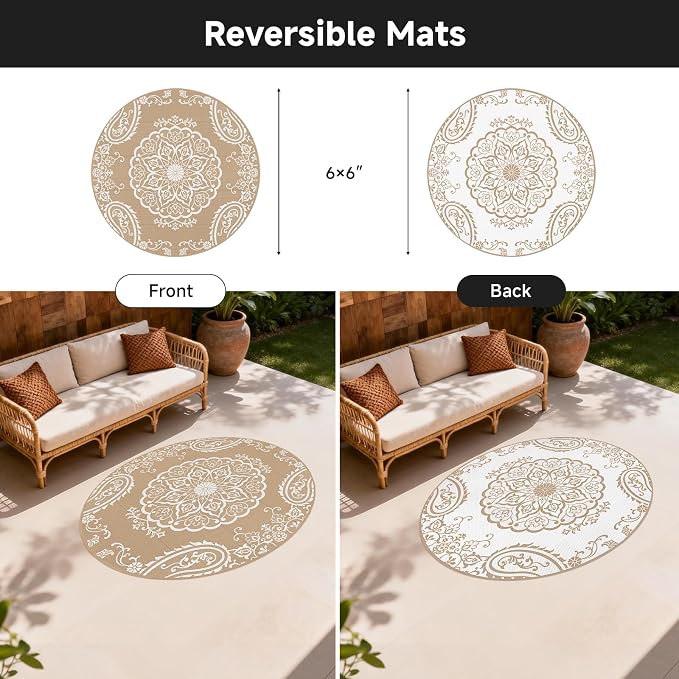 Pauwer Outdoor Rug 6ft, Waterproof Plastic Straw Camping Rug, Boho Brown | Reversible Patio Rug, UV Resistant Indoor Outdoor RV Mat Carpet For Deck, Camper, Porch, Balcony, Backyard, Picnic, Foldable