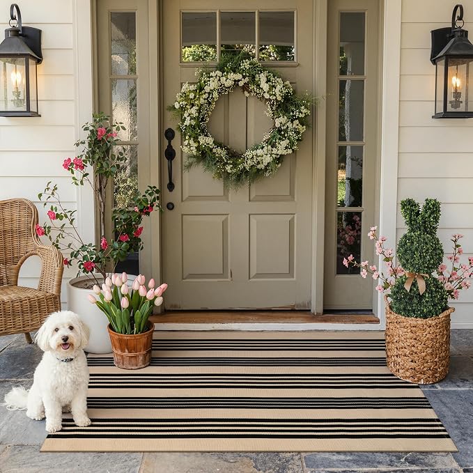 KIMODE Striped Outdoor Rug 3'x 5',Washable Reversible Striped Outdoor Patio Rugs,Cotton Hand Woven Farmhouse Welcome Layered Door Mats for Front Door Entryway Porch Fall Decor Black and Khaki