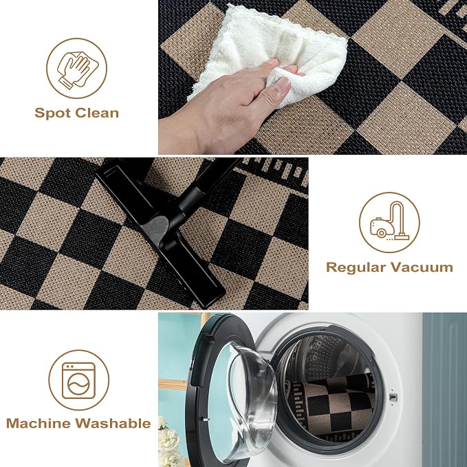 Checkered 2x6 Kitchen Runner Rug, Washable Rugs for Entryway Non Slip Outdoor Indoor Checkerboard Hallway Rug, Farmhouse Scalloped Carpet for Front Door Bedroom Laundry