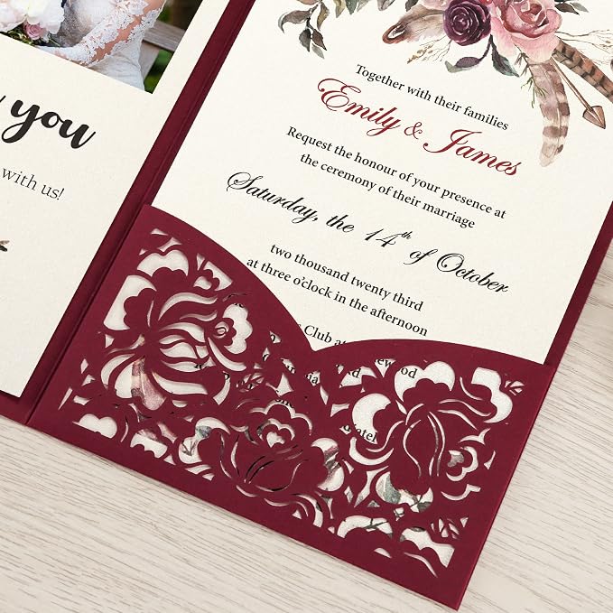 DORIS HOME 50Pcs Personalized Laser Cut Wedding Invitations, Burgundy | 4.7"x7.1", Customized Anniversary Invitations, With Envelopes