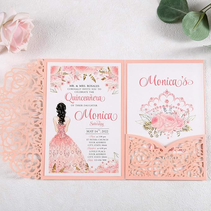 50PCS Personalized Pink Quinceanera Invitations with Envelopes | 4.7x7 inch, Laser Cut Hollow Rose Pocket, Invitation Cards for Miss XV, Sweet 16, 18th Birthday, Quince Invite
