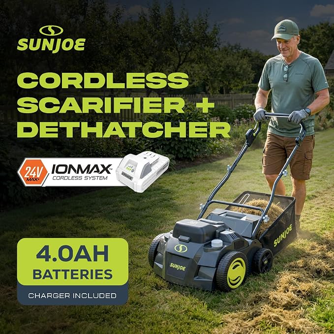Sun Joe Cordless Scarifier & Dethatcher w/ 5 Depth Positions, 24V-X2-DTS15 | 600W Brushless Motor, 15-Inch Cutting Width - Heavy-Duty Yard Trimmer, Lawn Maintenance
