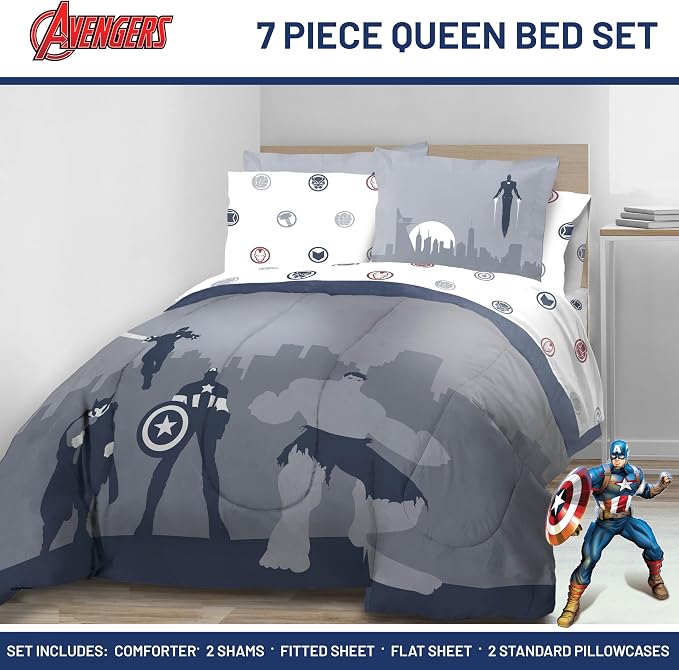 Marvel Avengers Queen Comforter Set 7 Piece Bedding for Boys, Blue | Captain America Iron Man, Bed in a Bag, Comforter Sheets Shams Pillowcases, Soft Microfiber, Machine Washable, Boys Gift