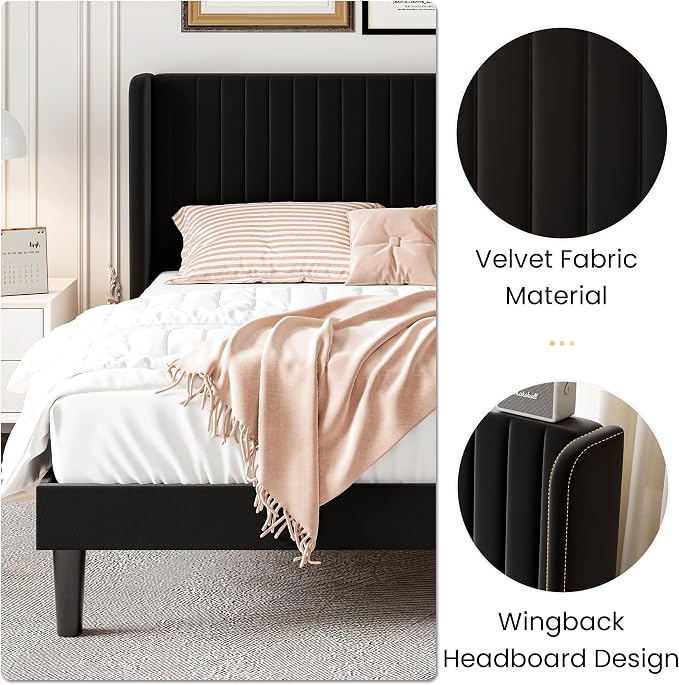 SHA CERLIN King Size Velvet Bed Frame, Tufted Wingback Headboard, Black | 47'' Modern Vertical Channel Headboard, Upholstered Platform Bed, Wood Slats, No Box Spring Needed, Easy Assembly, Noise Free