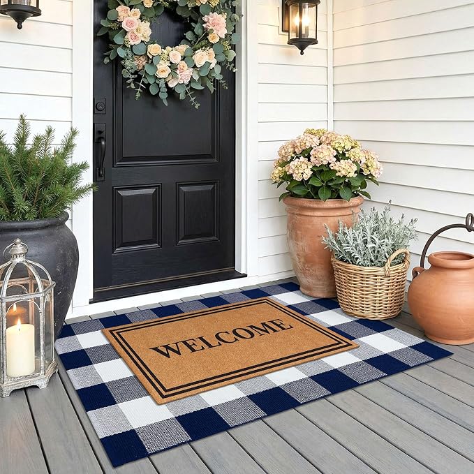 KOZYFLY Buffalo Plaid Area Rugs 2.3x3.6 Ft Blue and White Rug Washable Front Door Mat Woven Cotton Indoor Outdoor Rug for Front Porch Kitchen Entryway Patio Farmhouse Checkered Doormat
