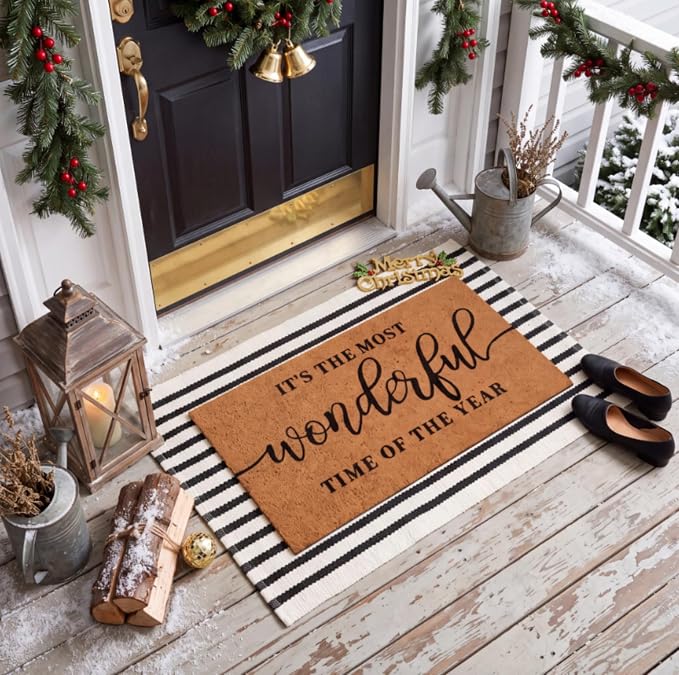 Moucuny 2 Christmas Coir Outdoor Mat, Non Slip | It Is The Most Wonderful Time of The Year Welcome Mat Black White Rug Front Porch Entryway Decor, 24'' x 35'', 16'' x 28''