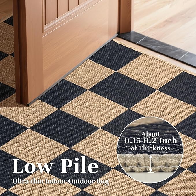 EDIMENS 3x5 Outdoor Rugs Checkered Easy Jute Front Door Mat Entryway Rug | Black Washable Non Slip Indoor Outdoor Rug Farmhouse Neutral Living Room Carpet for Backyard Porch Balcony Patio