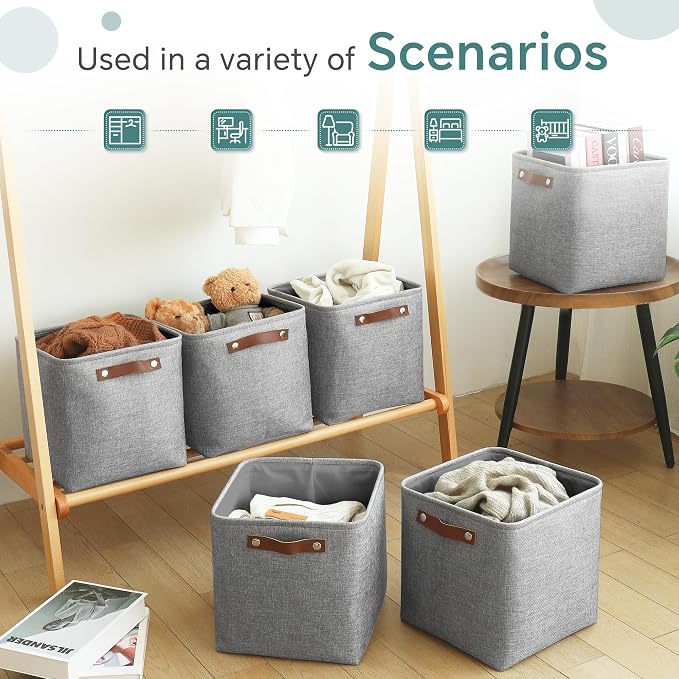 FinishingBo 11 inch Cube Storage Bin 6 Pack, Cube Organizer Bins | Fabric Storage Bins With Handles, 11x11 Storage Cubes, Shelf Basket, Gray