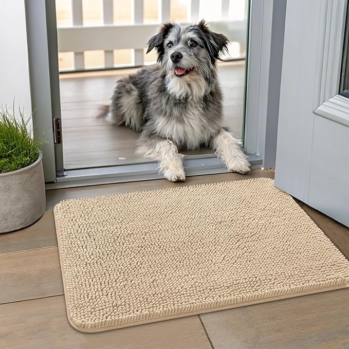 Smiry Dog Door Mat for Muddy Paws 24x16, Absorbent Dirt Trapper, Non-Slip Washable Chenille Entryway Rug for Inside Floor, Beige, Classic Solid