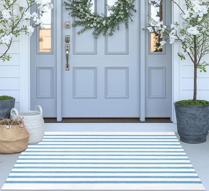 Striped Area Rug 27.5"x43",Light Blue and White Farmhouse Front Porch Rug Cotton Woven Washable Entryway Rug Indoor Outdoor Front Door Mat for Porch/Entryway/Home Entrance Decor