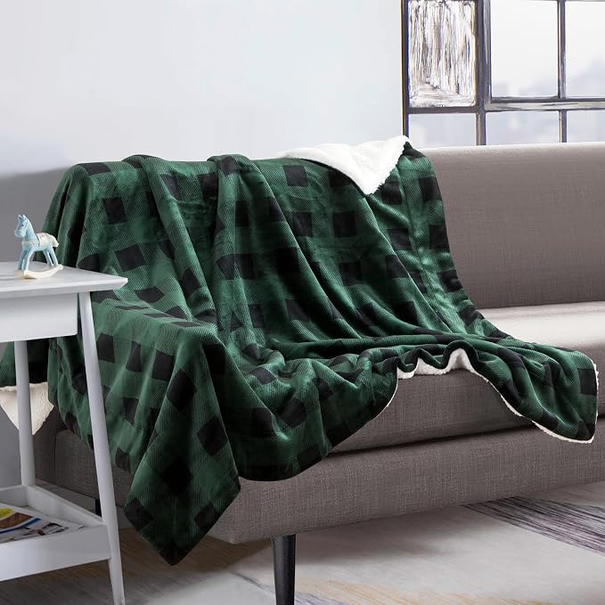 Elegant Comfort Luxury Ultra-Plush Velvet Touch Buffalo Plaid Fleece Throw - Soft, Warm, Cozy Micromink Sherpa-Backing Reversible Blanket for Bed, Sofa and Couch, Buffalo Green