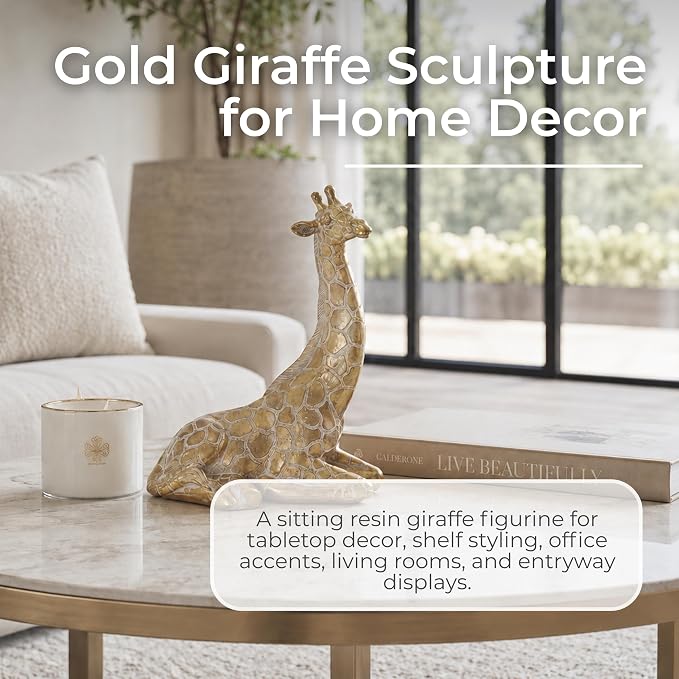 Sitting Giraffe Decorative Figurine – Tall Animal Resin Decor & Sculpture Accent – Figurines & Sculptures Home Decor for Office, Bedroom, Living Room – 7.5" x 10", Gold