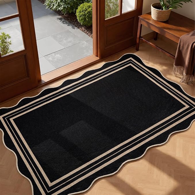 EDIMENS 2.6x4 Front Door Mat Easy Jute Scalloped Outdoor Small Entryway Rug | Non-Slip Washable Area Rug Low Pile Geometric Black Doormat Indoor Outdoor Farmhouse for Entrance Entry Front Porch Doorway