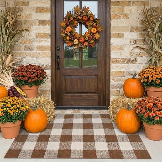Buffalo Plaid Outdoor Rug 27.5" x 43" Coffee and White Checkered Area Rug Washable Fall Doormats Indoor Outdoor Rugs for Layered Front Door Mats, Porch, Entryway, Kitchen, Farmhouse