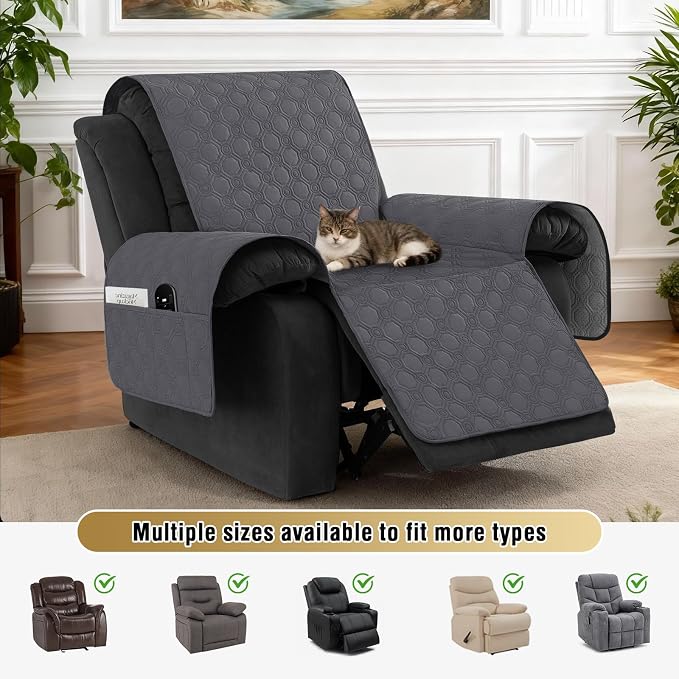 H.VERSAILTEX 100% Waterproof Recliner Chair Covers, Recliner Covers Non-Slip Stay in Place, Thick Cover for Recliner Chair with Pocket, Dog Couch Cover Protector Washable(Grey, 23")