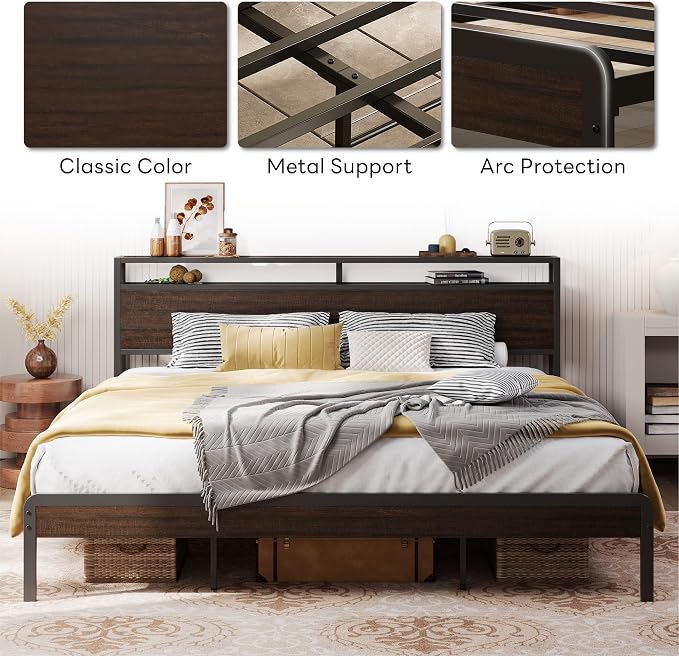 LIKIMIO California King Bed Frames with 2-Tier Storage Shelf Headboard | Dark Wood Platform Bed, Camas California King with Strong Metal Support, Sturdy, Noise-Free, No Box Spring Needed, Dark Brown
