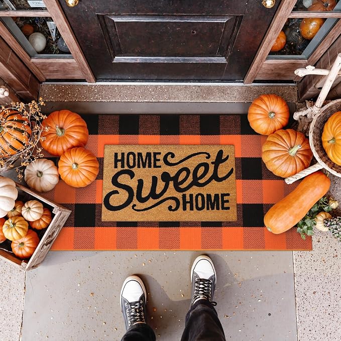 Uphome Bufflo Plaid Outdoor Rug 2'x4.3', Fall Decor Checkered Front Door Mat, Indoor Outdoor Farmhouse Porch Rug for Layered Door Mats, Washable Halloween Black/Orange Runner for Patio Entryway