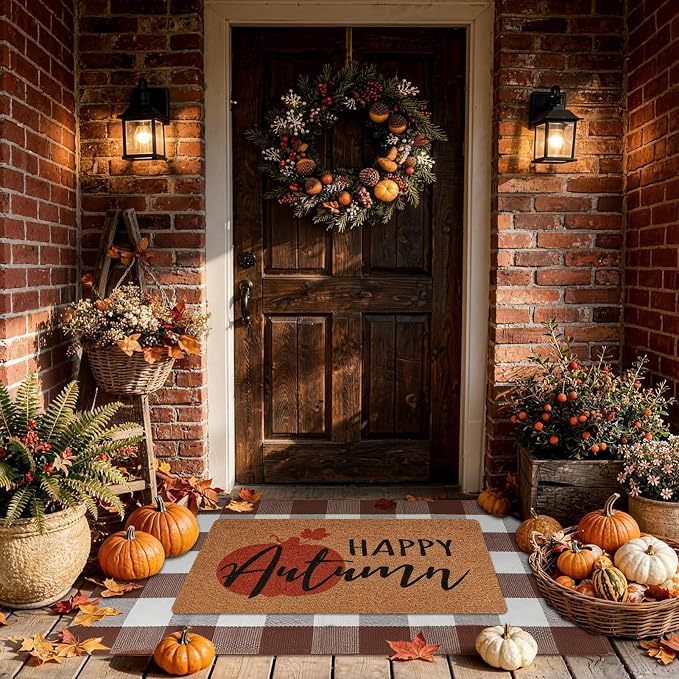 2 Pcs Autumn Outdoor Doormat Welcome Coir Doormat Rug Layered Red White Buffalo Plaid Mat for Front Porch Entryway