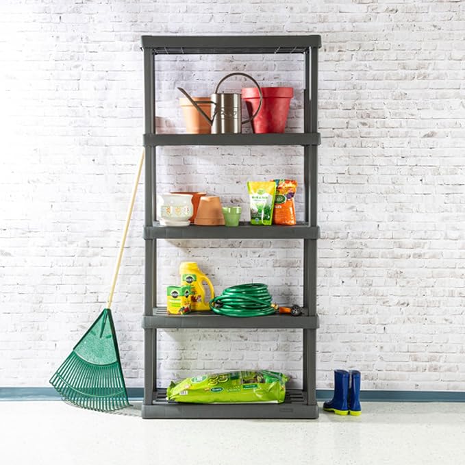 Sterilite 5 Shelf Unit, Heavy-Duty Plastic Utility Storage Rack, 2-Pack | Freestanding Shelving Organizer with 150 lb Capacity Per Shelf for Kitchen, Bathroom, Garage, Basement, Pantry & Laundry Room