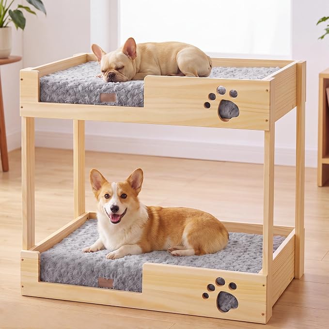 BALAPET Wooden Bunk Dog Bed with 2 Memory Foam Beds | Modern Pet Furniture, Waterproof Liners, Washable Covers, 31.1 x 20.9 x 29.9 in, Bedside Window Perch, For Medium Dogs & Cats