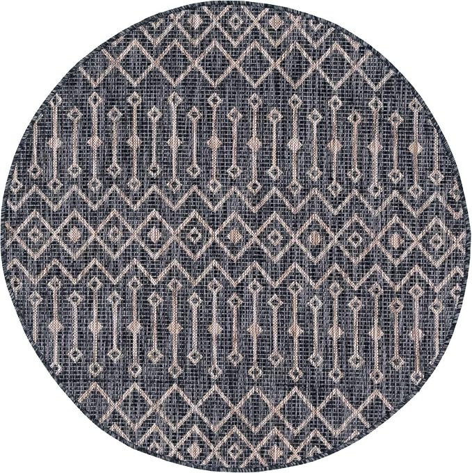 Unique Loom Outdoor Trellis Collection Area Rug - Tribal Trellis (4' 1" Round, Charcoal Gray/ Natural)