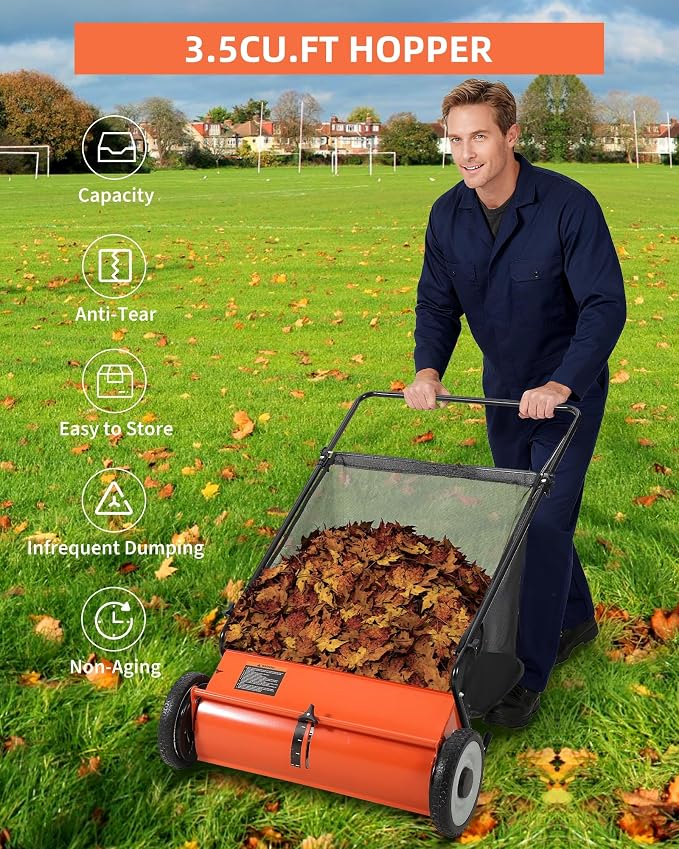 Push Lawn Sweeper for Leaves, 21" Width Heavy Duty Steel Frame Grass Catcher with 3.5 Cu. Ft. Hopper Bag & 4 Spinning Brushes for Yard and Garden Cleanup, Orange