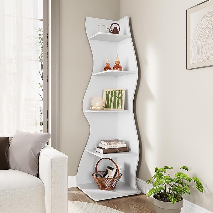 LITTLE TREE 70-Inch Corner Shelf, Seaweed Shaped Etagere Display Bookshelf, Freestanding 5-Tier Wall Shelves for Small Spaces, Bedroom, Living Room, 2 Pack, White
