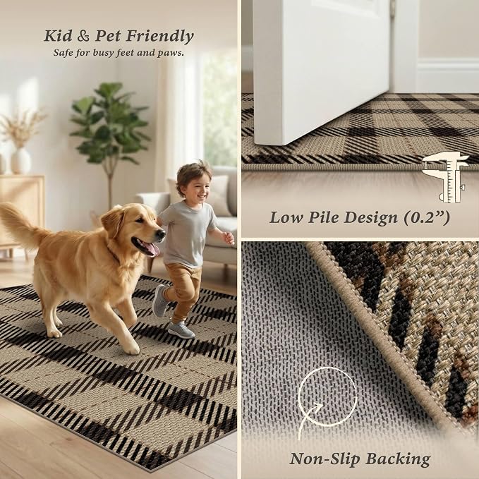 JTJ 8x10 Washable Outdoor Rug for Patio - Low Pile Easy Jute Plaid Area Rug for Porch, Deck, Backyard, Non-Slip Foldable Farmhouse Buffalo Check Carpet, Black & Beige