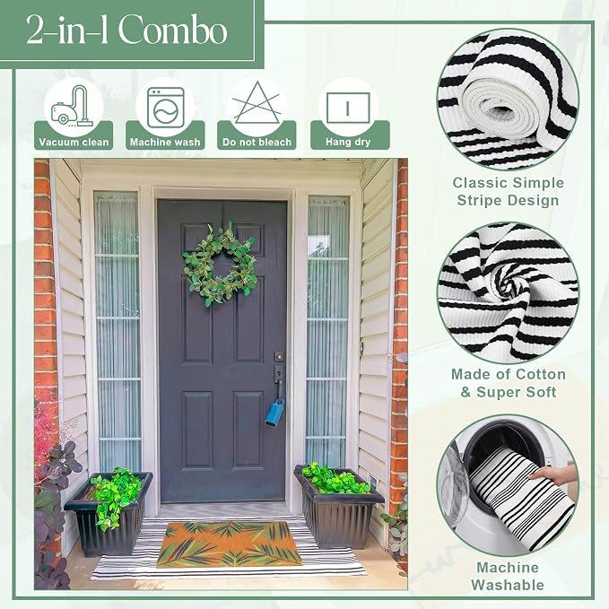 2 Pcs Outdoor Door Mat Combo Set Layered Outdoor Rug and Coir Welcome Doormat Non Slip Outside Floor Mat for Front Porch Entryway Patio Yard Decor(Palm Leaf,24'' X 51',18'' X 28'')