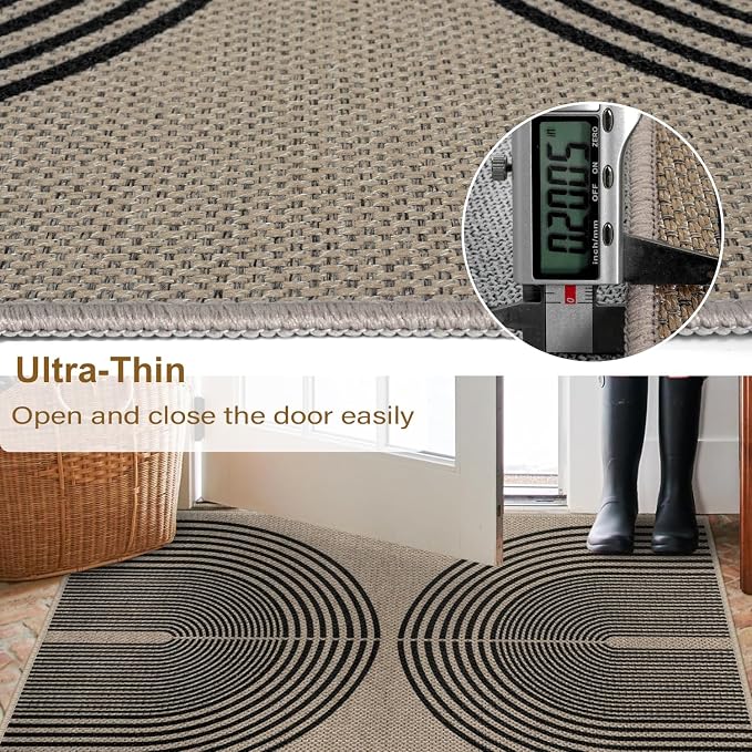 Rugalia Easy Jute Rainbow Entryway Rug, 2x3 Washable Non-Slip Indoor Outdoor Doormat, Black Nature Boho Farmhouse Small Kitchen Rug Modern Abstract Throw Rugs for Entrance Bedroom Bathroom