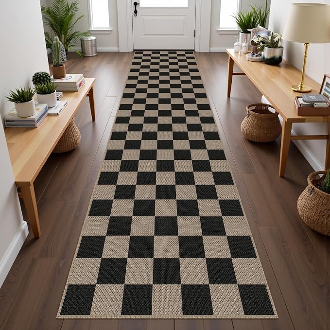 Rugalia Easy Jute Checkered Runner Rug, 2.6x10 Black Modern Washable Rugs Runner for Hallway Non-Slip Kitchen Runner Rug, Geometric Checkerboard Indoor Outdoor Carpet for Porch Laundry Entryway
