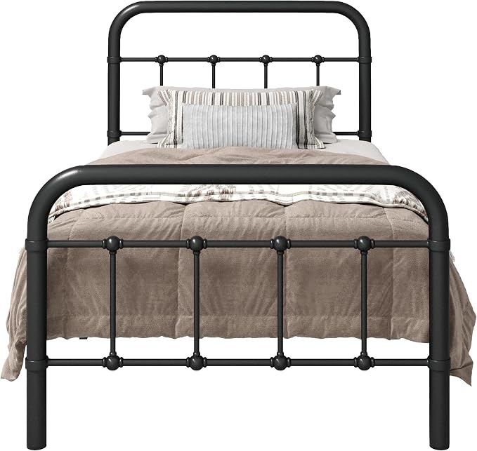 Allewie Twin Metal Bed Frame with Victorian Iron-Art Headboard, Black | Victorian Style Wrought Iron-Art Headboard/Footboard, Easy Assembly, Under Bed Storage, No Box Spring Required