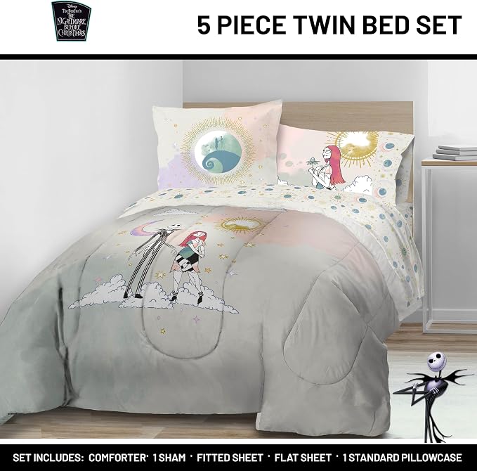 Disney Nightmare Before Christmas Twin Comforter Set 5 Piece, Multi | Jack Skellington Sally, Bed in a Bag, Comforter Sheets Sham Pillowcase, Soft Microfiber, Machine Washable, Girls Gift