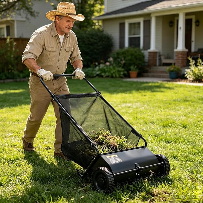 Push Lawn Sweeper, 26 in Grass Sweeper Leaf Collector with 7 Cu.ft Mesh Bag, Yard Sweeper with Adjustable Brush Height and 4 Spinning Brushes for Cleanup, Lawn Care Equipment