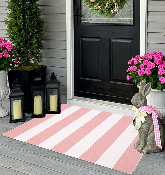 Outdoor Front Door Mat 24"x35",Cotton Woven Washable Striped Layered Doormat Pink and White Indoor Outdoor Area Rug for Entryway Porch Decor Home Entrance