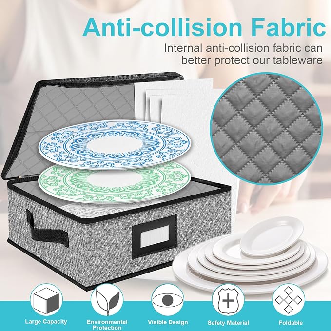 Quilted Platter Storage Case 2PACK-Fine China Storage Containers Hard Shell for Organizing,Stackable Plate Storage Containers with 8 Felt Dividers,dinnerware Storage,Moving Box,Moving Supplies | Stackable Plate Storage Containers with Hard Shell and 4 ...