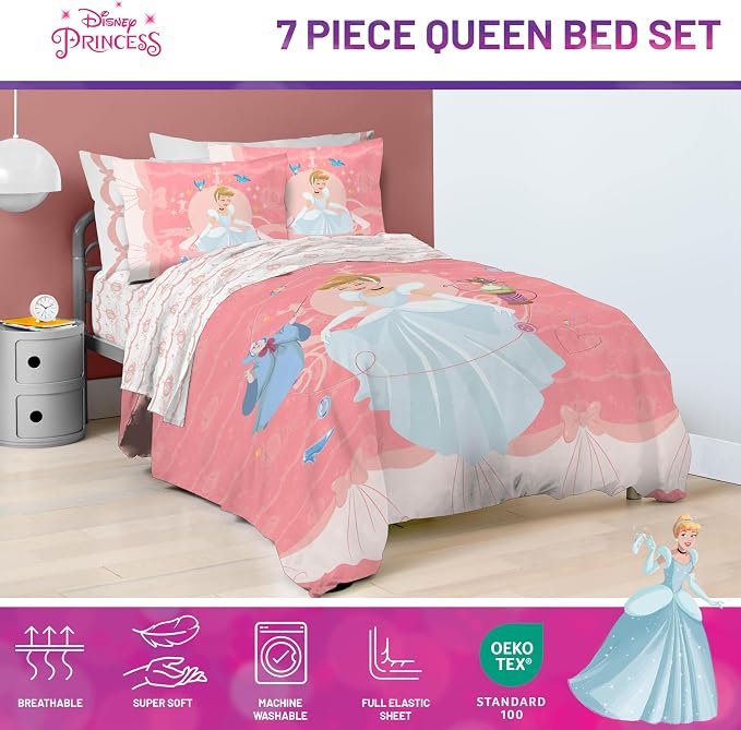 Disney Princess Cinderella Queen Comforter Set 7 Piece Kids Bedding, Pink | Bed in a Bag, Comforter Sheets Shams Pillowcases, Official Brand, Soft Microfiber, Machine Washable, Girls Gift