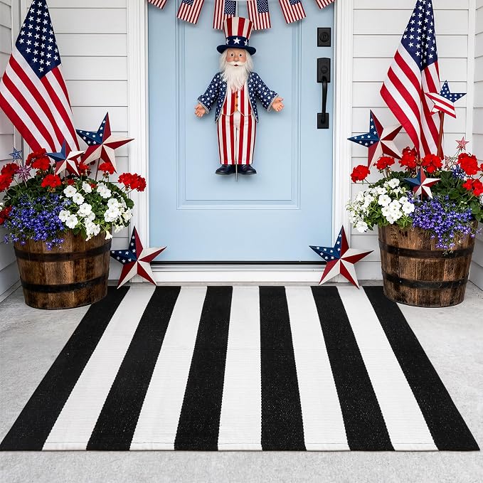 Collive Black and White Outdoor Striped Rug 27.5"x 43", Washable Layered Door Mats Outdoor,Farmhouse Front Porch Rug Decor,Cotton Woven Entryway Rugs for Welcome Mat Kitchen