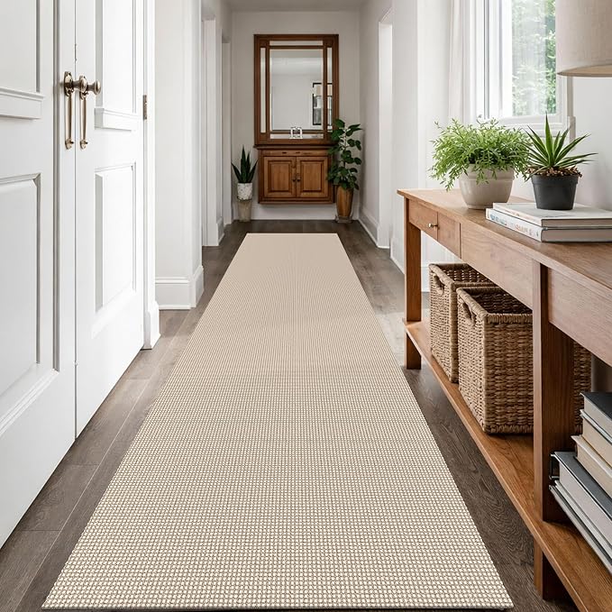 IOHOUZE Washable Runner Rug 3x12 Non Slip Rubber Backed Extra Long Hallway Runner Entryway Runner Indoor, Kitchen Rugs Woven Cotton Floor Carpet for Hall Entrance, Cream/Beige