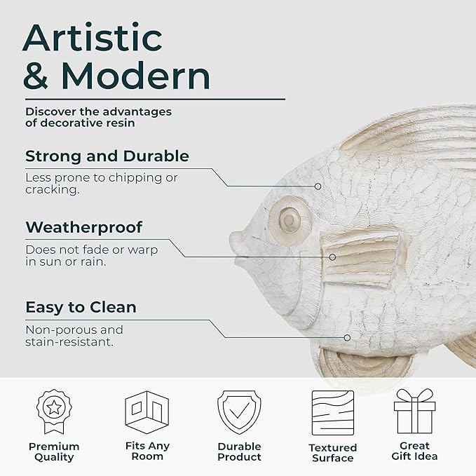 Bookshelf Decor Fish Figurine–White Wash Polyresin Decorative Accessory for Living Room, Coffee Table or Shelf – Aesthetic Boho Shelf Decor, Decorative Objects for Living Room – 13", White