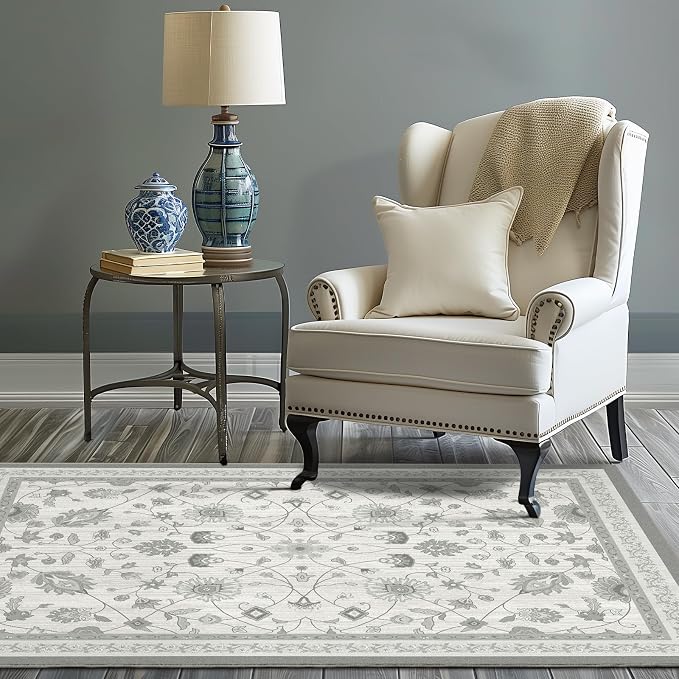 EVERGRACE Area Rugs for Living Room 4x6, Boho Floral Faux Wool Indoor Outdoor Rugs, Washable Rugs for Bedroom Entryway Dining Room Hallyway, Low Pile Floor Mat Carpet for Home Decor, Cool Gray