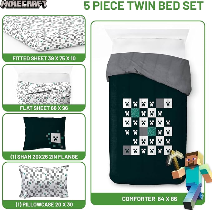 Minecraft Creeper Twin Comforter Set 5 Piece Video Game Bedding, Green | Zombie Enderman, Bed in a Bag, Comforter Sheets Sham Pillowcase, Official Product, Microfiber, Machine Washable, Kids Gift