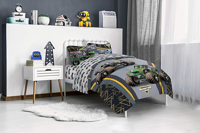 Jay franco Monster Jam MJ Life 4 Piece Twin Bed Set-Includes Reversible Comforter&Sheet Set-Bedding Features Grave Digger, Max-D, Megalodon-Super Soft Microfiber-(Official Monster Jam Product) | Grave Digger Megalodon, Bed in a Bag, Comforter Sheets Pi...