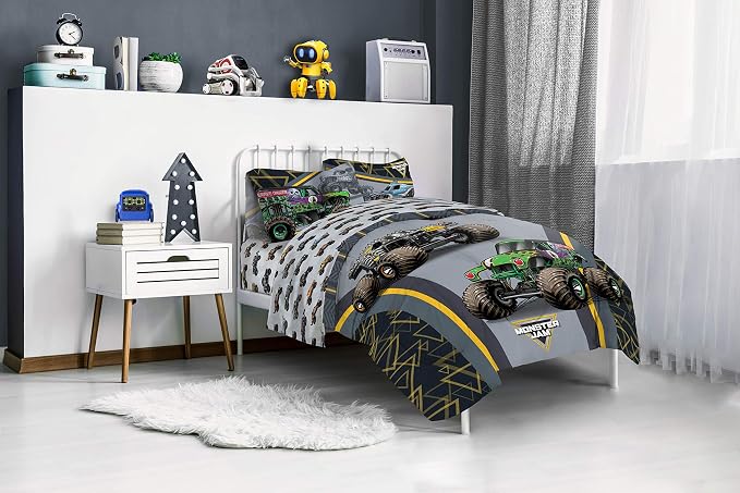 Jay franco Monster Jam MJ Life 5 Piece Full Bed Set-Includes Reversible Comforter&Sheet Set-Bedding Features Grave Digger, Max-D, Megalodon-Super Soft Microfiber-(Official Monster Jam Product) | Grave Digger Megalodon, Bed in a Bag, Comforter Sheets Pi...