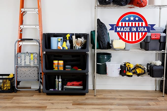 Mighty Tuff Heavy Duty Nesting Stack Bins, Pack of 3, Extra-Large Handles, Wide Front Opening, Interlocking, Stack Vertically, Holds Up to 100 Pounds, Black