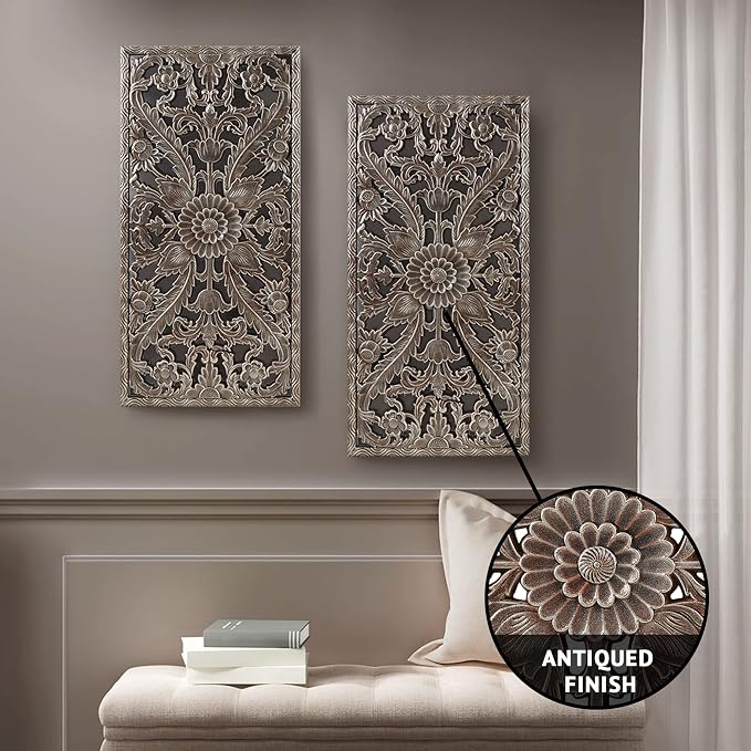 Madison Park Carved Wood Wall Art 2 Piece, Floral Wooden Carving Wall Decor, Bronze Wall Art Living Room Bedroom, Copper Embellished Boho, Ready to Hang, 15.75"W x 31.5"L, Bronze