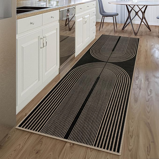 Rugalia Easy Jute Rainbow Runner Rug, 2.6x8 Black Washable Rugs Runner for Hallway Non-Slip Boho Farmhouse Kitchen Runner Rug, Modern Abstract Indoor Outdoor Carpet for Porch Laundry Entryway